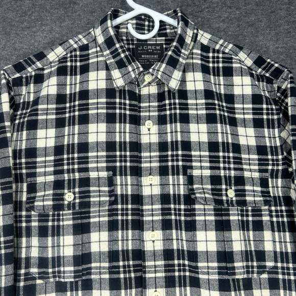 J. Crew Other - J. Crew Workshirt Mens Large Ivory black plaid Flannel Button Up Long Sleeve